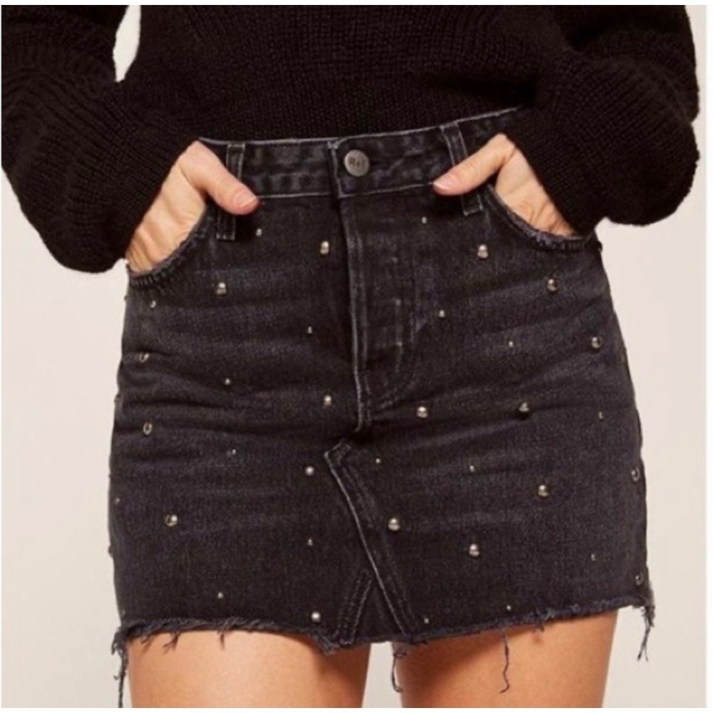 Reformation Studded Denim Mini Skirt Faded Black Frayed Hem Button Fly size 27